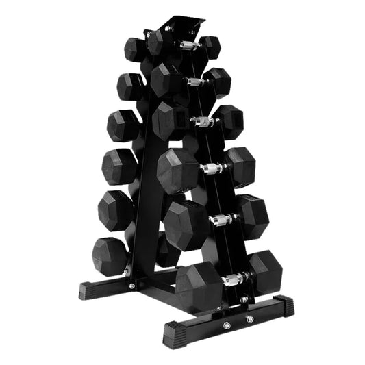 Black dumbbell set on a stand against a white background