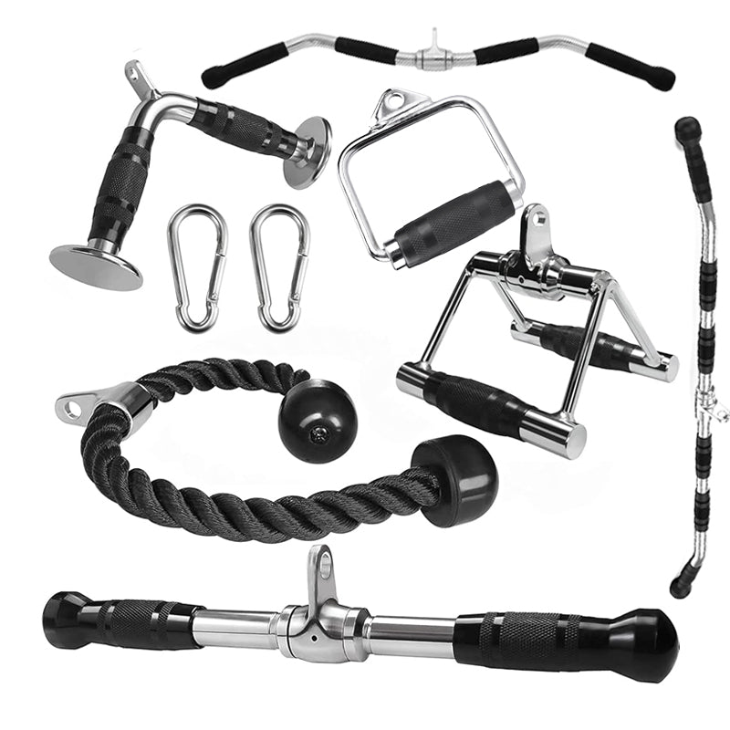 Cable Machine Attachments for Home Gym | Tricep Rope, V Bar, Curl & Lat Pull Down Bars | Heavy Duty Steel Grips with Carabiner Clips for Multi Gym Training