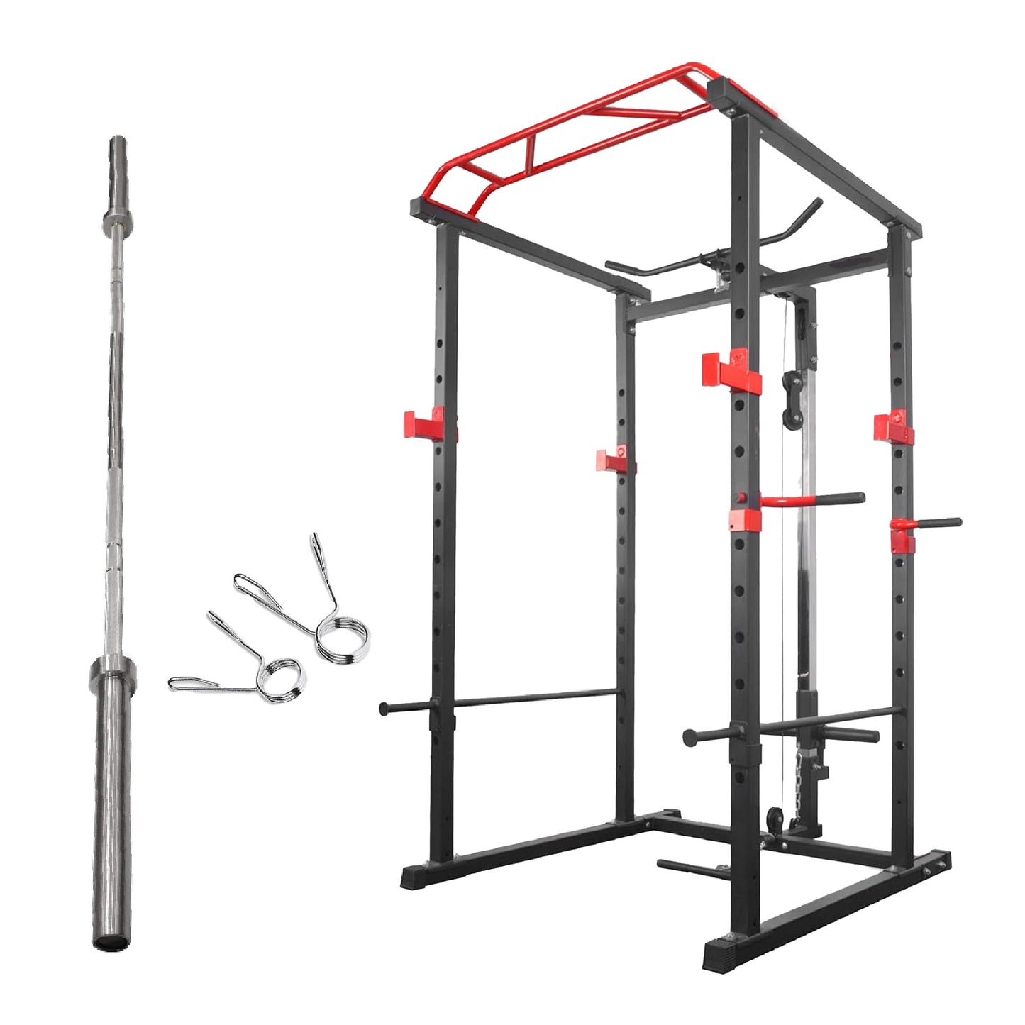 Professional Power Multi Cage with Pulley System – Adjustable Strength Rack with Pull-Up Bar & Spotters – Commercial-Grade Home Gym Station