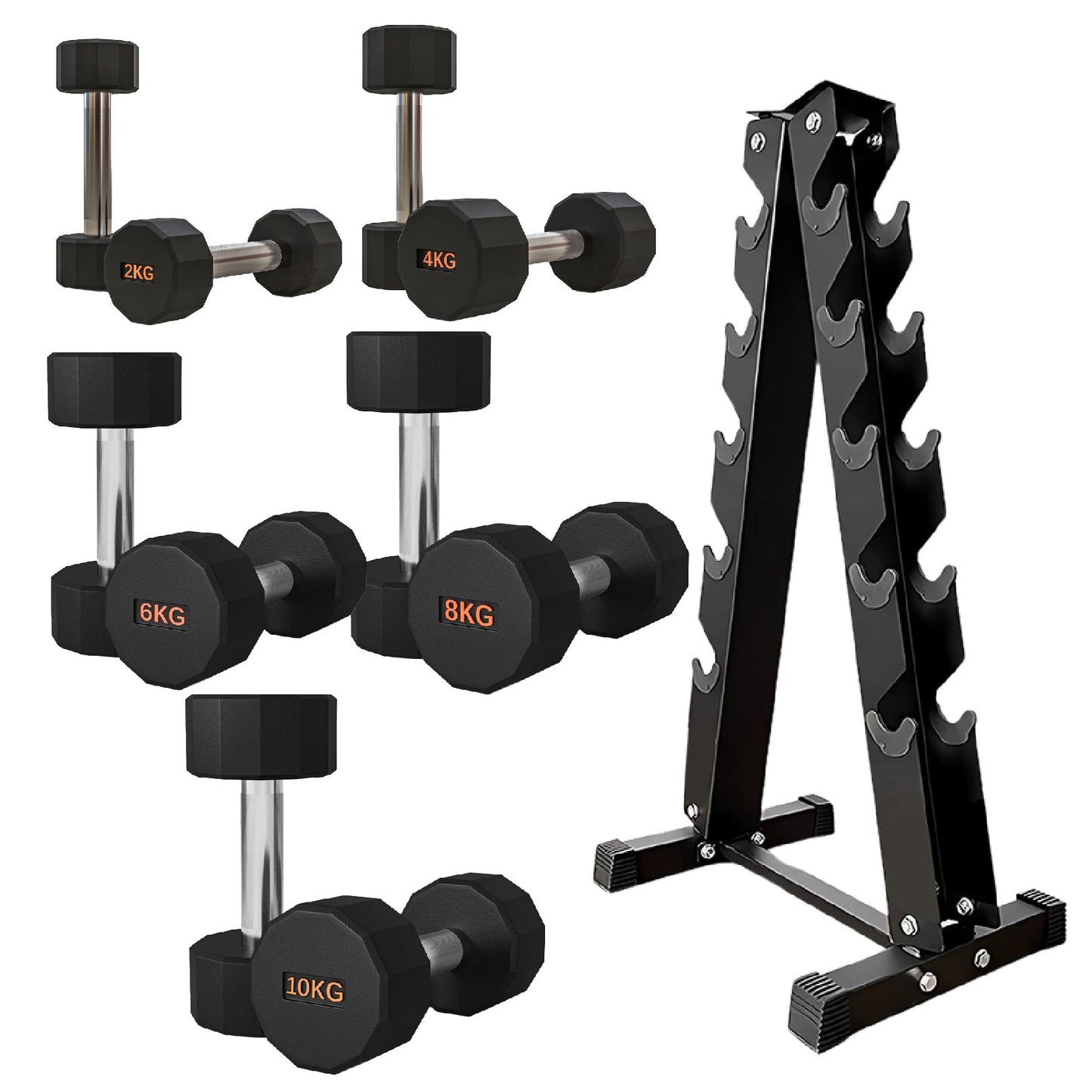 Premium Rubber-Coated Hex Dumbbells – Anti-Roll Design with Knurled Grip, Commercial-Grade Weights