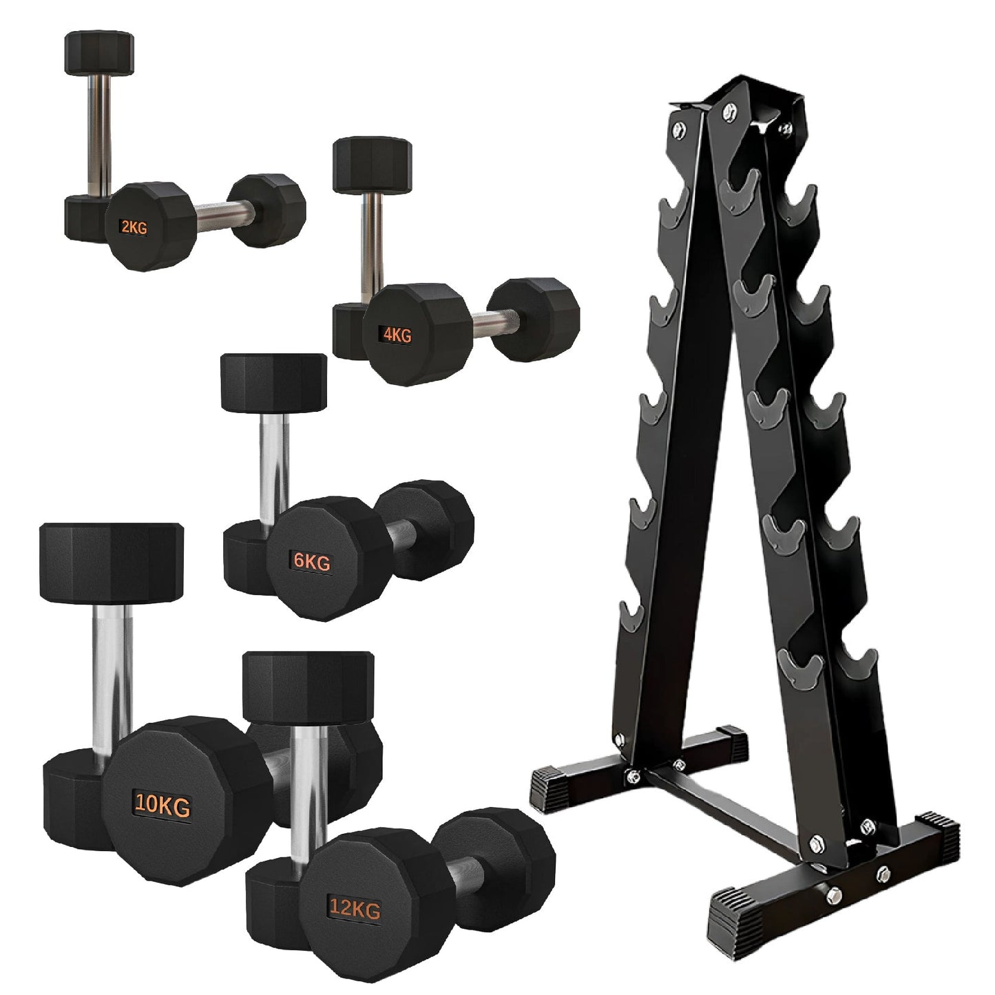 Premium Rubber-Coated Hex Dumbbells – Anti-Roll Design with Knurled Grip, Commercial-Grade Weights