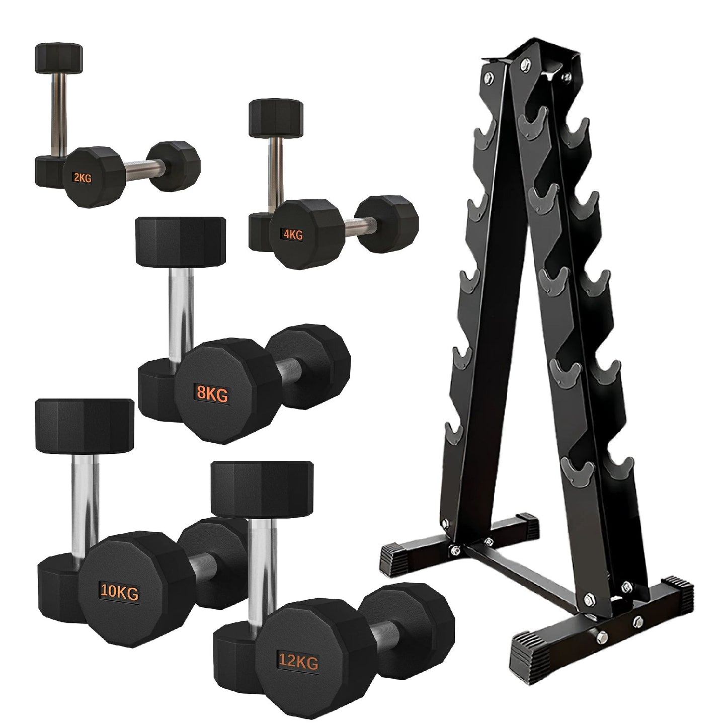 Premium Rubber-Coated Hex Dumbbells – Anti-Roll Design with Knurled Grip, Commercial-Grade Weights