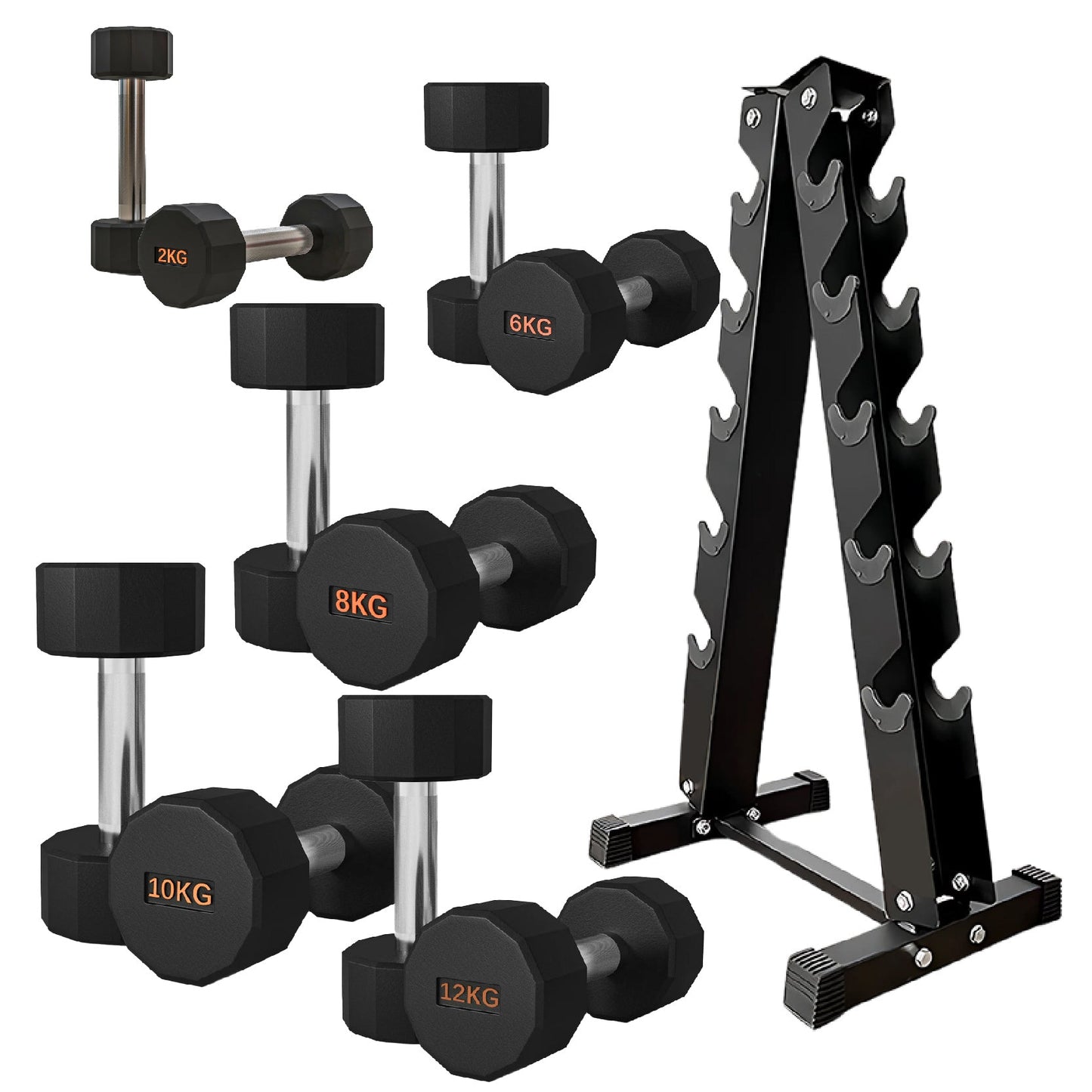 Premium Rubber-Coated Hex Dumbbells – Anti-Roll Design with Knurled Grip, Commercial-Grade Weights