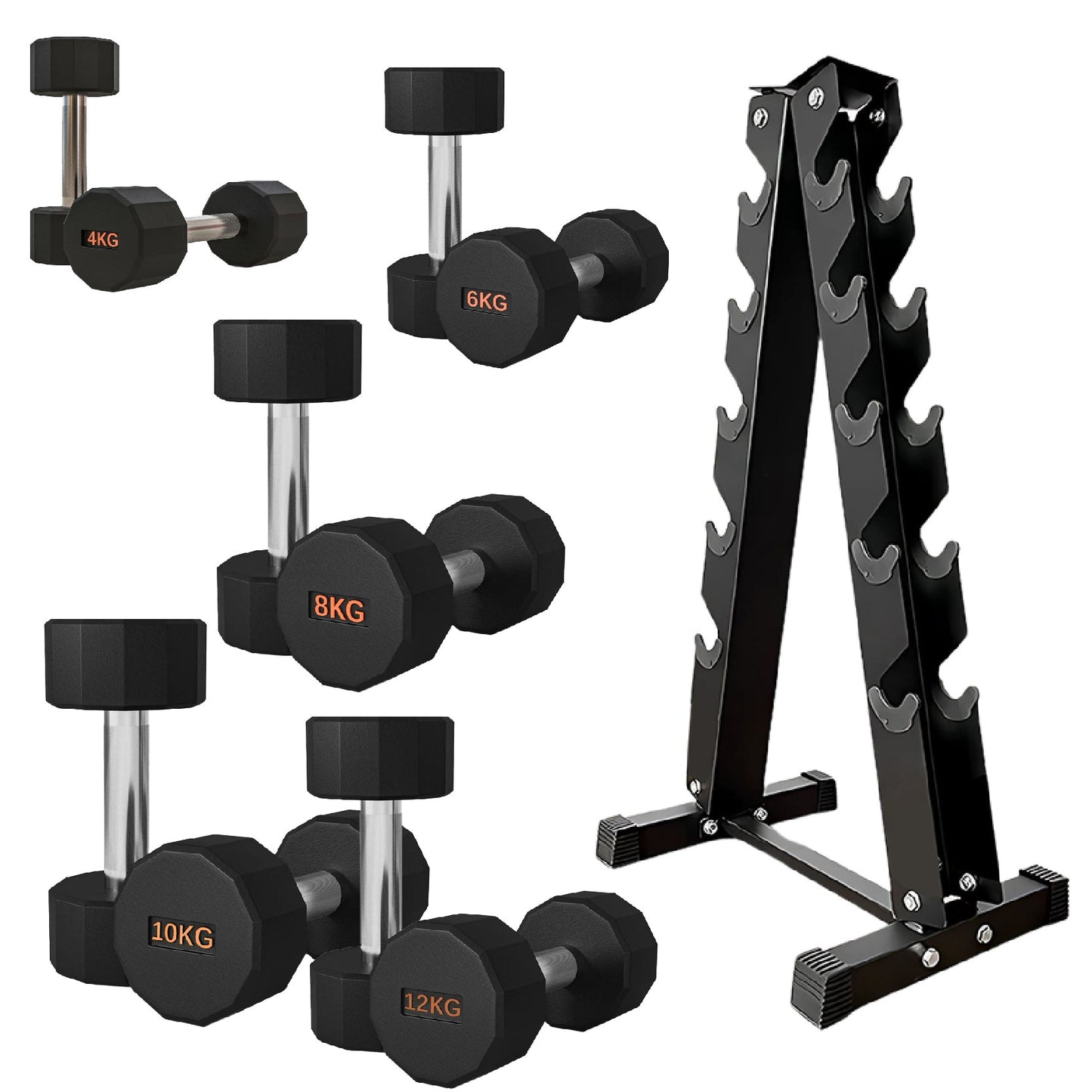 Premium Rubber-Coated Hex Dumbbells – Anti-Roll Design with Knurled Grip, Commercial-Grade Weights