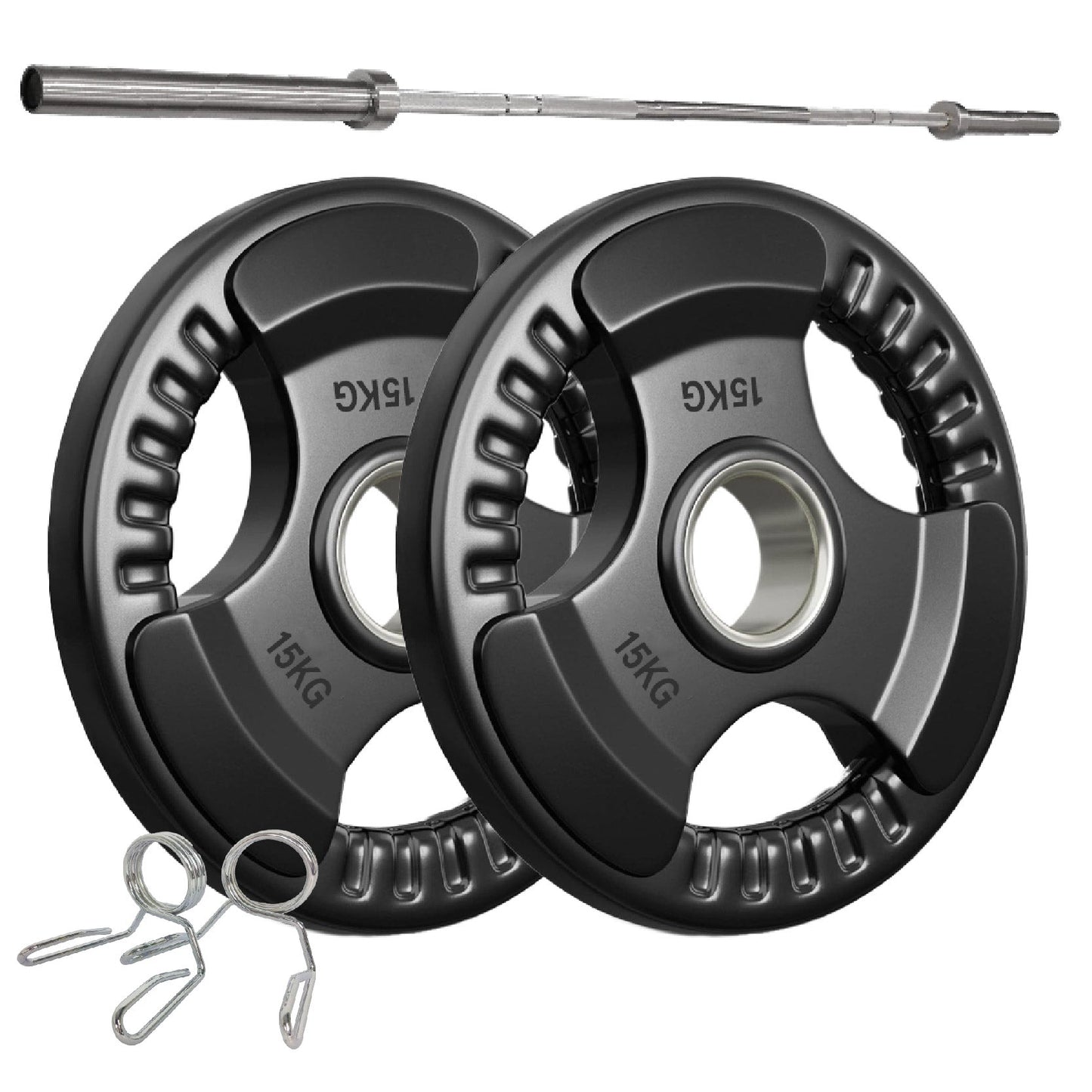 Tri-Grip Olympic Weight Plates – Rubber Coated Cast Iron 2" Discs – Heavy-Duty Barbell Plates for Strength Training – Singles & Pairs
