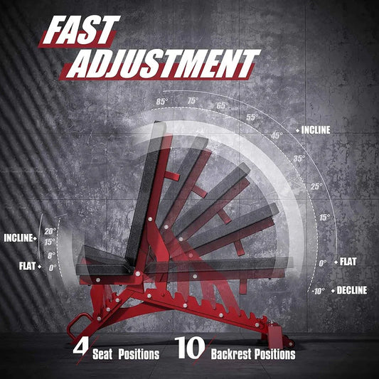 Red weight bench with adjustable angles on a dark background