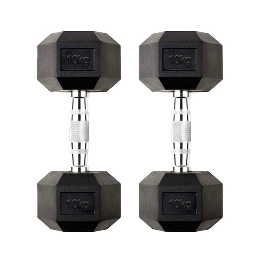 10kg Rubber Hex Dumbbells with Knurled Metal Handles – Floor-Safe Anti-Roll Weights for Strength Training, Conditioning & Home Gym Workouts