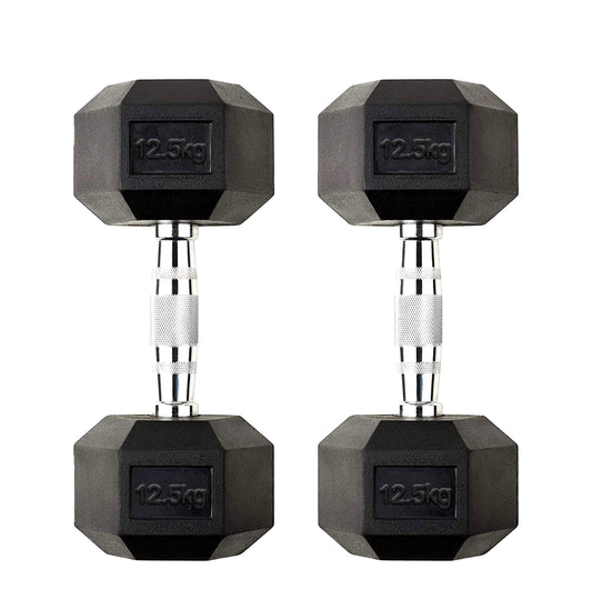 12.5kg Rubber Hex Dumbbells with Textured Metal Handles – Anti-Roll Free Weights for Strength Training, Power Building & Compact Home Gym Workouts