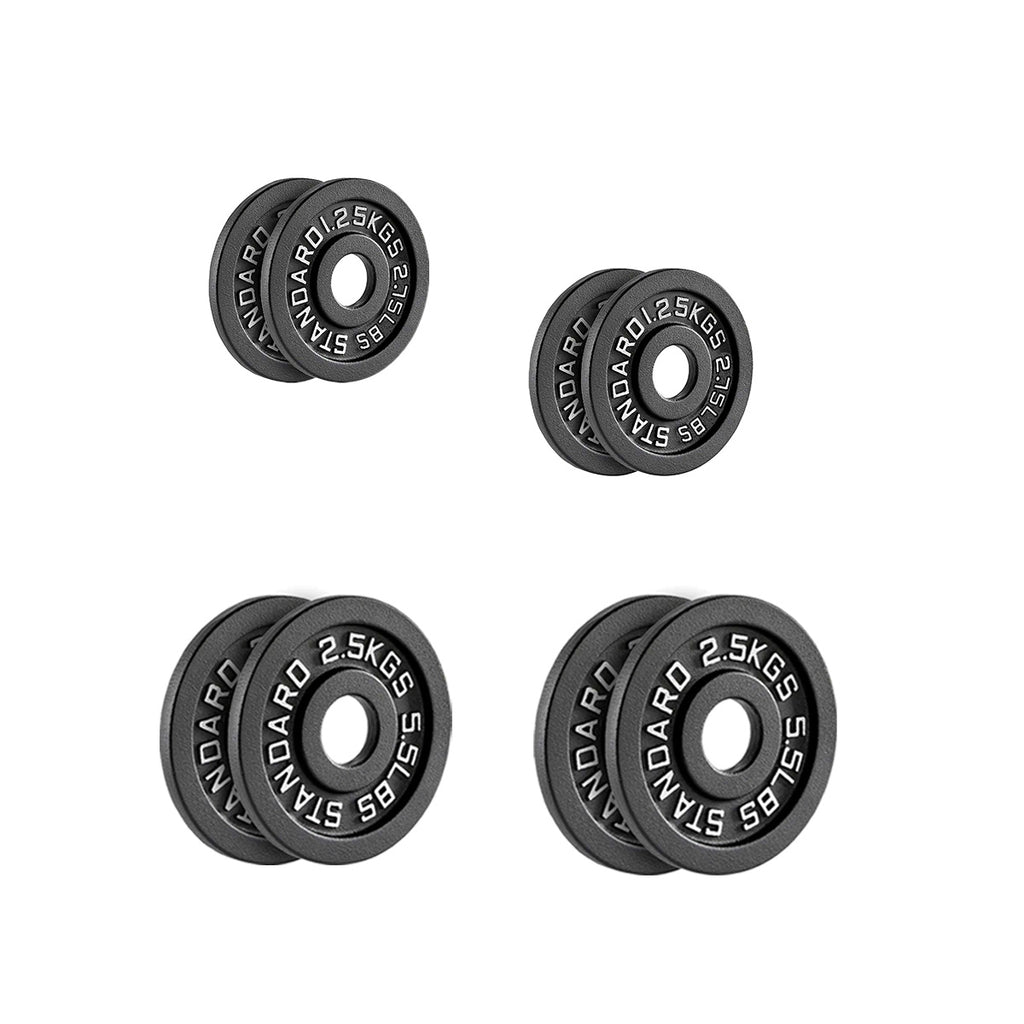 Four black weight plates with 'Standard 2.5KGS' marking on a white background