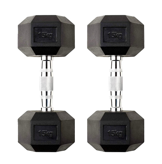 15kg Rubber Hex Dumbbells with Non-Slip Metal Handles – Heavy-Duty Free Weights for Muscle Growth, Strength Training & Compact Home Gym Environments