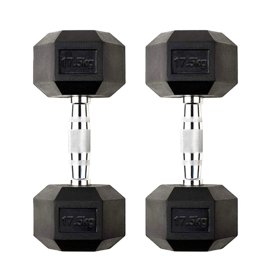 17.5kg Rubber Hex Dumbbells with Textured Steel Handles – Heavy Free Weights for Home Gym Strength Training, Muscle Development & Controlled Power Workouts
