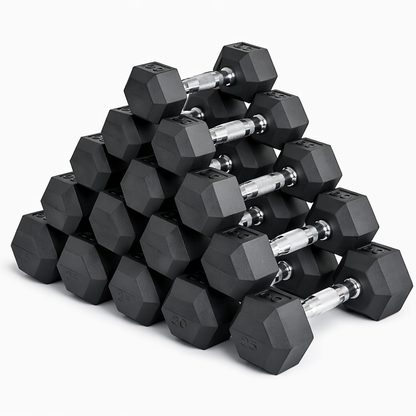 Hex Dumbbell Pairs & Sets 2.5kg–60kg – Rubber-Coated, Anti-Roll Weights with Rack Option – Home Gym Strength Training Dumbbell Set UK