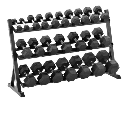 Premium Hex Dumbbells with 3-Layer Rack, 2.5kg to 30kg Rubber-Coated Anti-Roll Weights with Chrome Knurled Handles for Home & Gym Strength Training