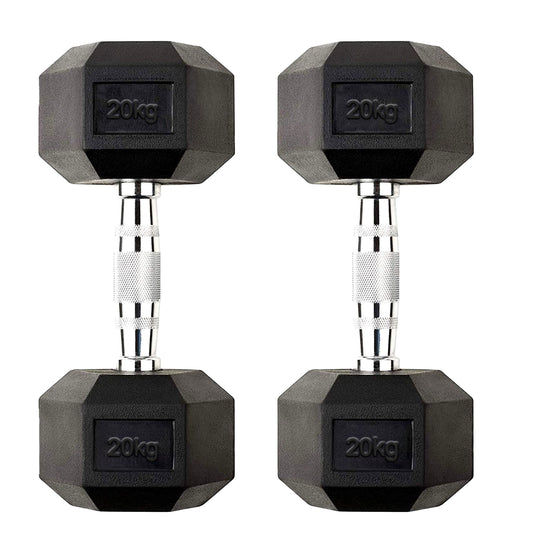 20kg Rubber Hex Dumbbells with Knurled Steel Handles – Heavy Weights for Advanced Strength Training, Powerlifting & Compact Home Gym Setups