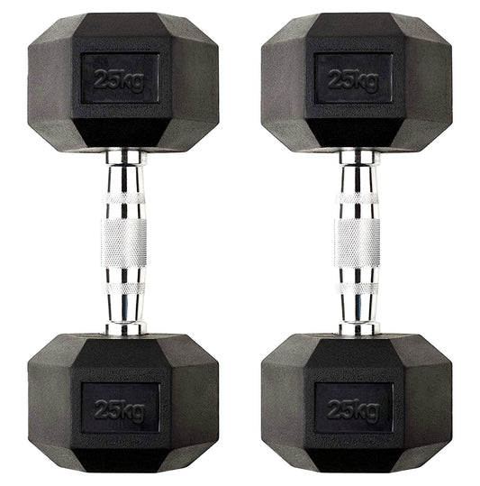 25kg Rubber Hex Dumbbells with Deep Knurled Handles – Heavy Free Weights for Home Gym Strength Training, Power Workouts & Muscle Building Programs