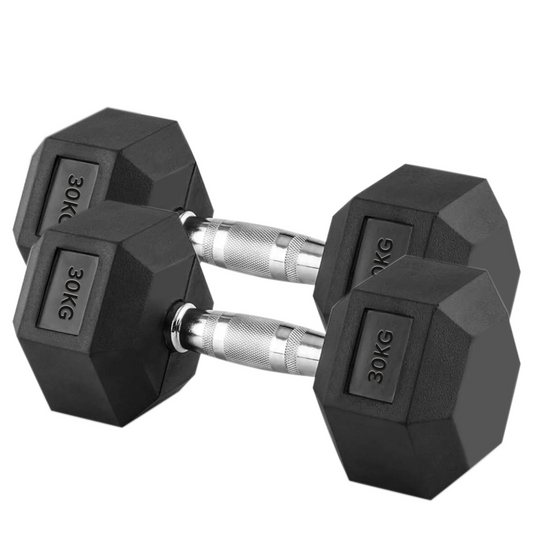 30kg Rubber Hex Dumbbells with Knurled Steel Handles – Heavy-Duty Weights for Intense Strength Training, Power Workouts & Home Gym Conditioning