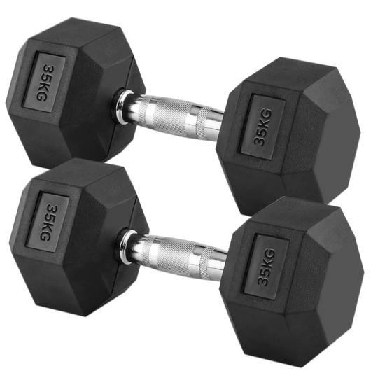 35kg Rubber Hex Dumbbells with Textured Chrome Handles – Heavy Training Weights for Strength Building, Power Sessions & Home Gym Performance