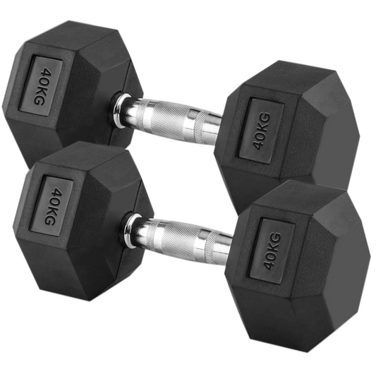 40kg Rubber Hex Dumbbells with Chrome Steel Handles – Heavyweight Free Weights for Max Strength Training, Muscle Gains & Advanced Home Gym Use