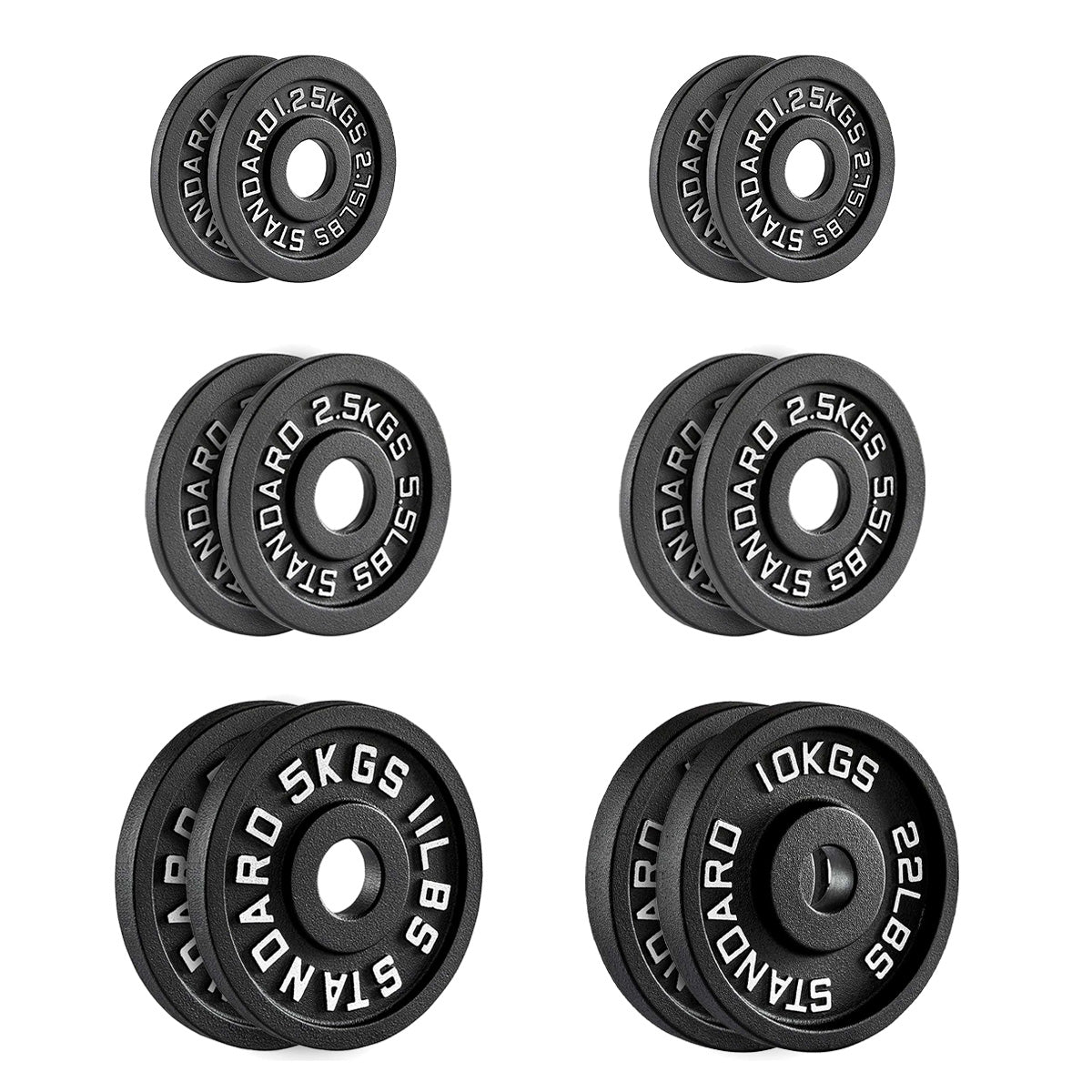 Set of black weight plates with labeled weights on a white background