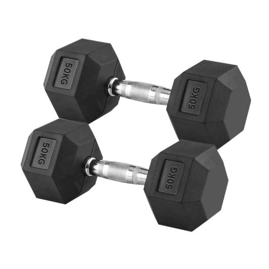 50kg Rubber Hex Dumbbells with Solid Steel Handles – Heavy Free Weights for Powerlifting, Strength Conditioning & Home Gym Performance Training