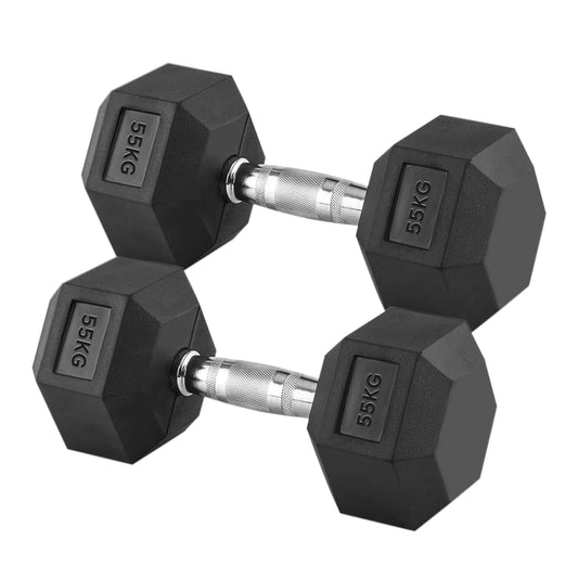 55kg Rubber Hex Dumbbells with Heavy-Duty Steel Handles – Anti-Roll Strength Weights for Power Training, Muscle Gain & Advanced Home Gym Performance