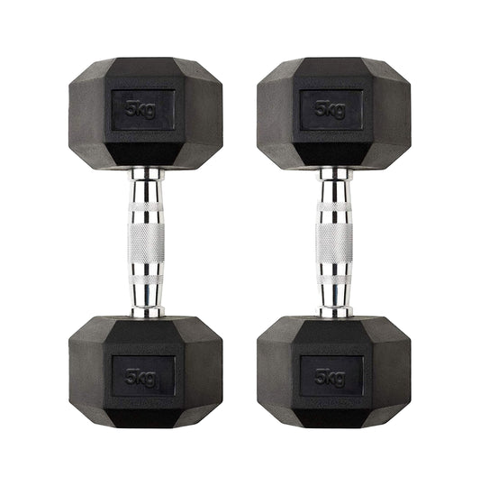 5kg Rubber Hex Dumbbells with Metal Handles – Durable Anti-Roll Free Weights for Home Gym Strength Training, Toning & Resistance Workouts