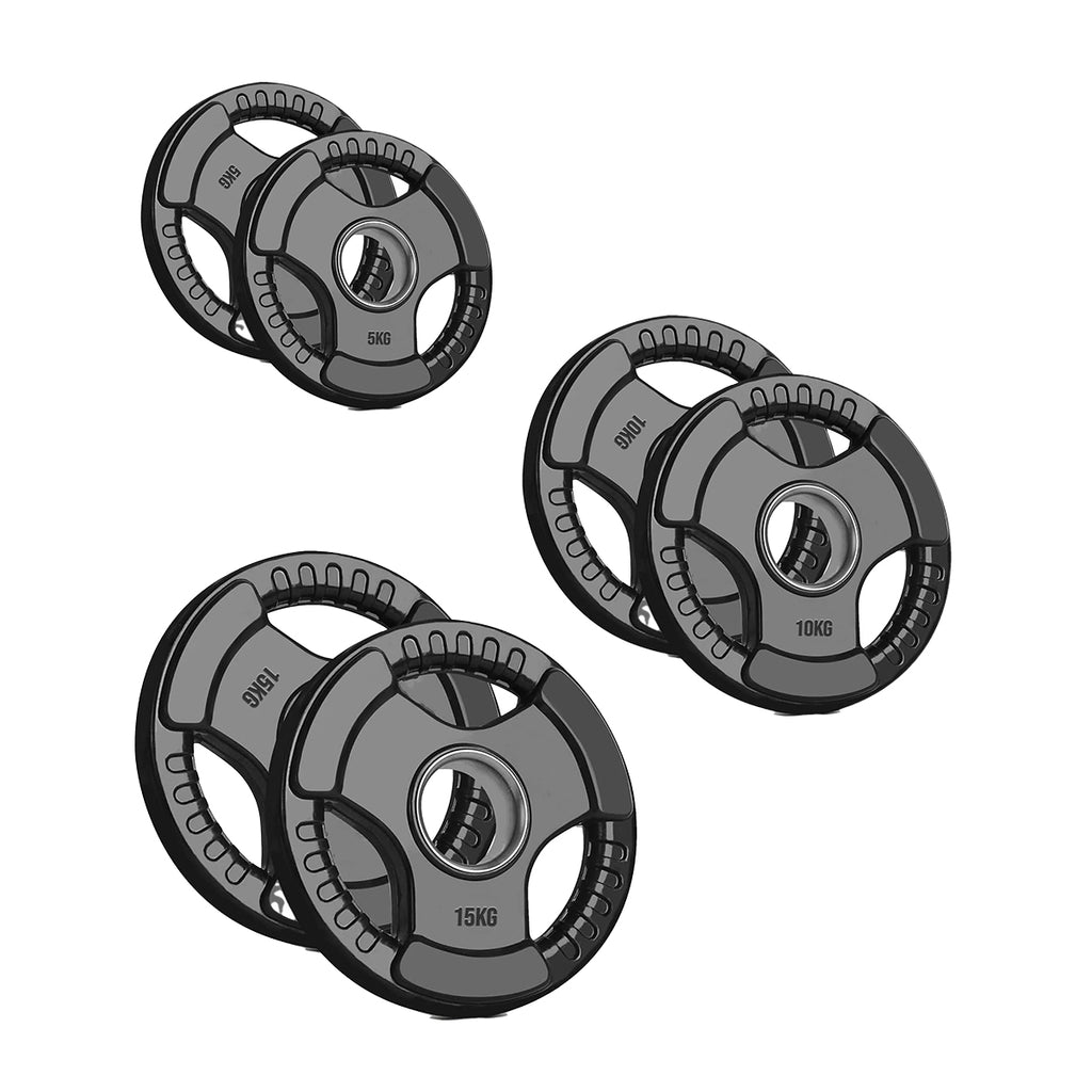 Set of weight plates with different capacities on a white background