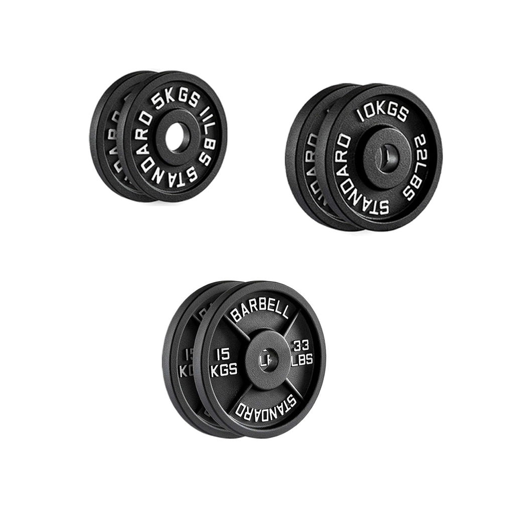 Three black weight plates with labeled weights on a white background