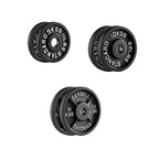 Three black weight plates with labeled weights on a white background