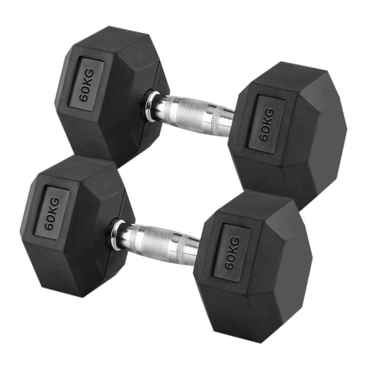 60kg Rubber Hex Dumbbells with Steel Knurled Handles – Heavy Strength Weights for Powerlifting, Advanced Muscle Training & Home Gym Performance