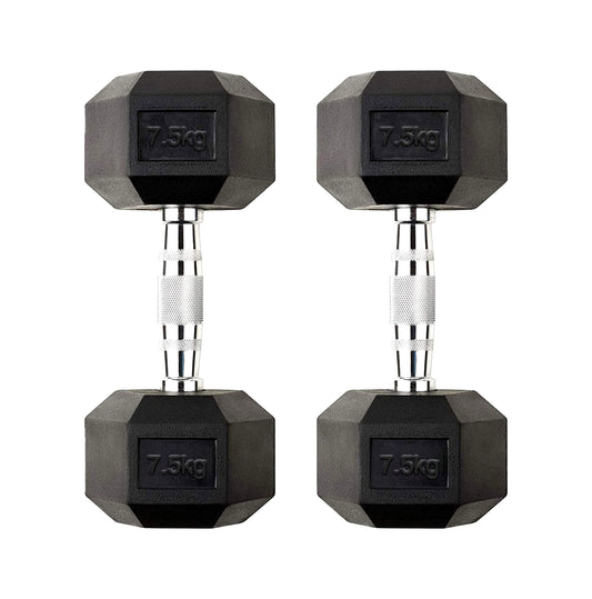 7.5kg Rubber Hex Dumbbells with Anti-Slip Metal Handles – Compact Free Weights for Home Gym Muscle Building, Strength Training & Daily Fitness Use