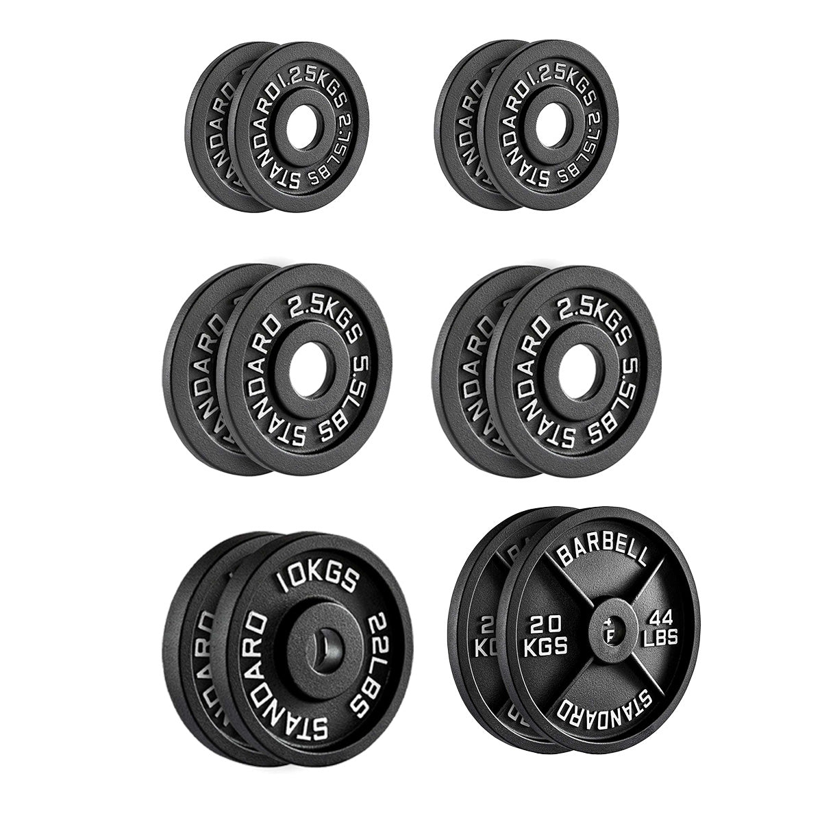 Set of black weight plates with weight markings on a white background