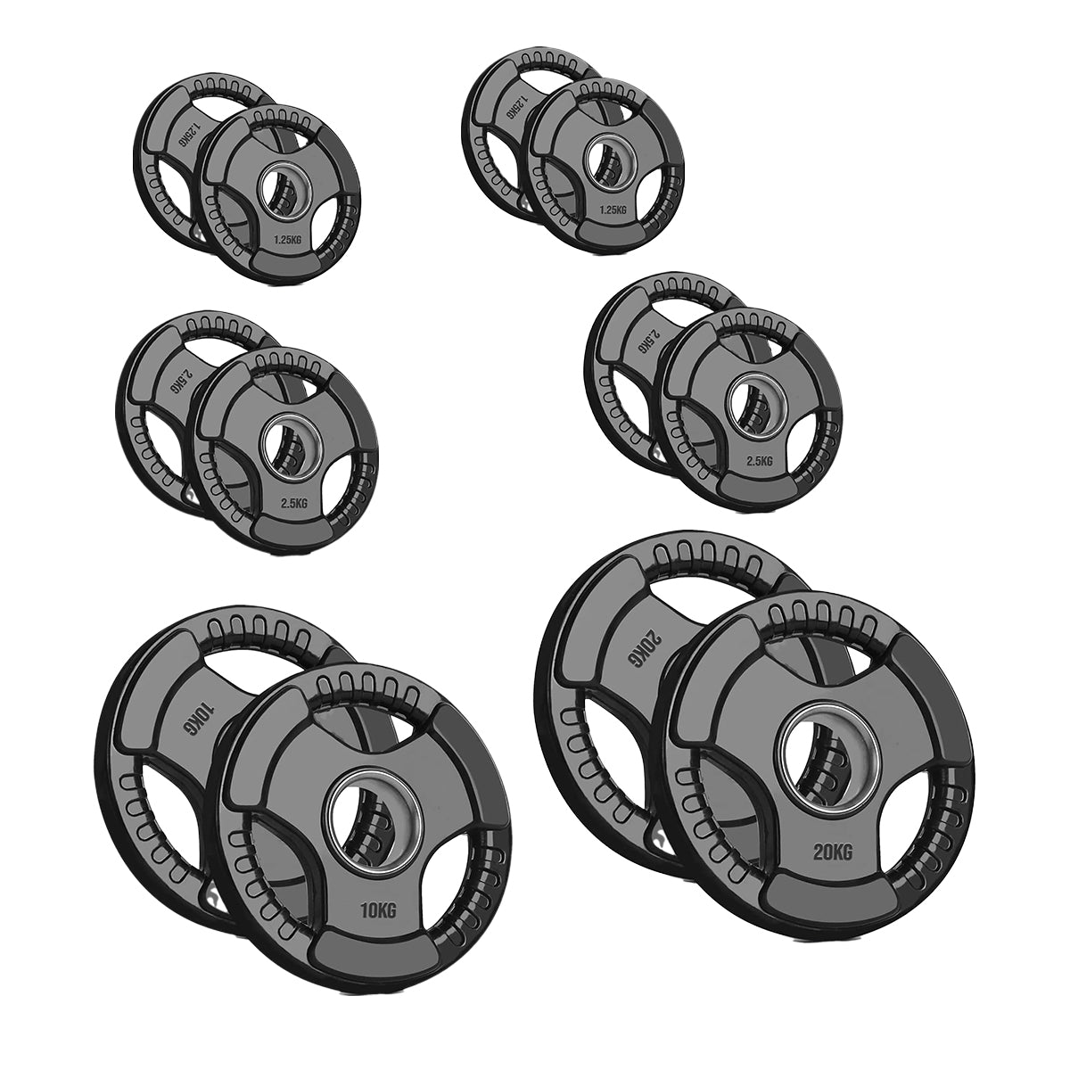 Set of weight plates with different capacities on a white background