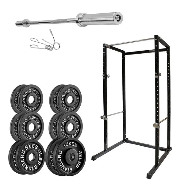 Gym equipment set including a barbell, weight plates, and a power rack on a white background.