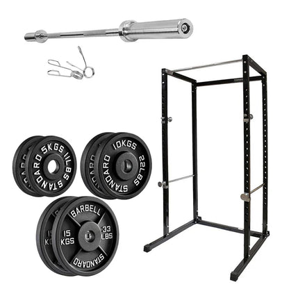Weightlifting set with barbell, weight plates, and power rack on a white background