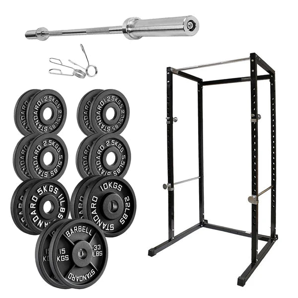 Barbell with weight plates and a power rack on a white background