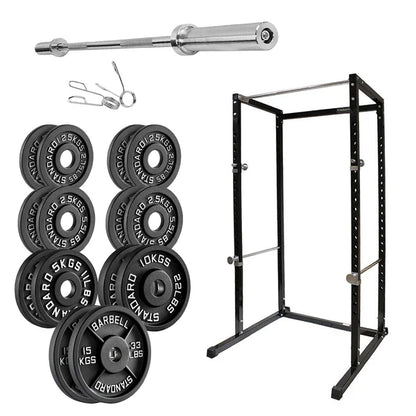 Barbell with weight plates and a power rack on a white background