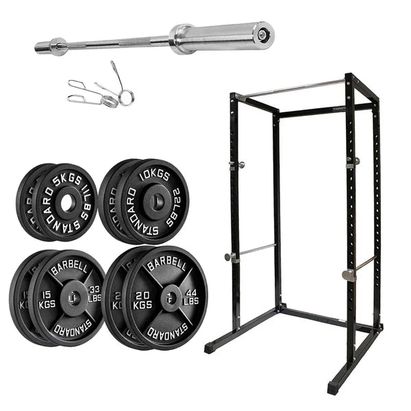 Weightlifting set with barbell, weight plates, and power rack on a white background
