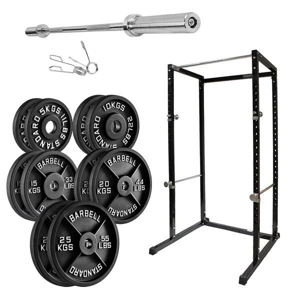 Barbell set with weight plates and a squat rack on a white background