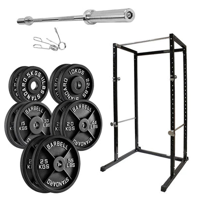 Barbell set with weight plates and a squat rack on a white background