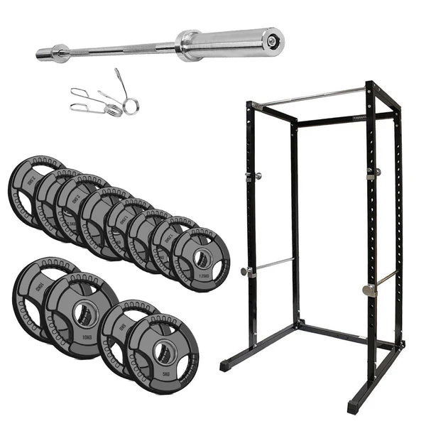 Gym equipment set including a barbell, weight plates, and a power rack on a white background.