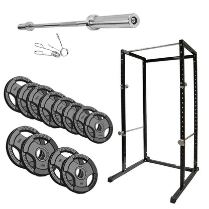 Gym equipment set including a barbell, weight plates, and a power rack on a white background.