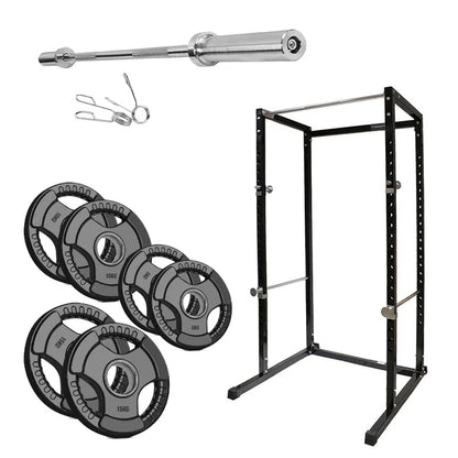 Weightlifting set with barbell, weight plates, and power rack on a white background