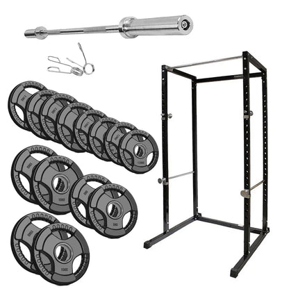 Weightlifting set with barbell, weight plates, and rack on a white background
