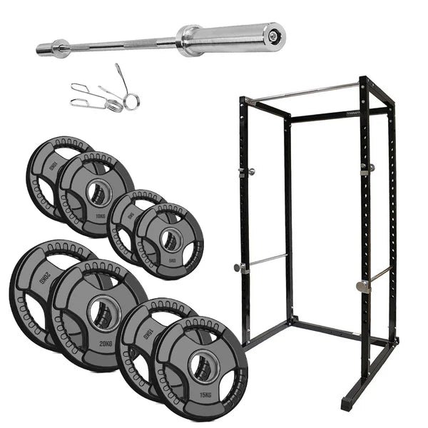 Weightlifting set with barbell, weight plates, and rack on a white background