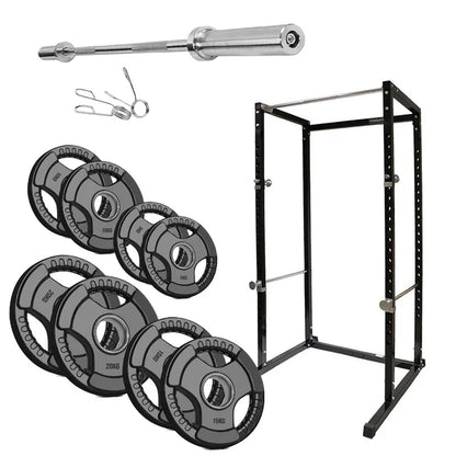 Weightlifting set with barbell, weight plates, and rack on a white background