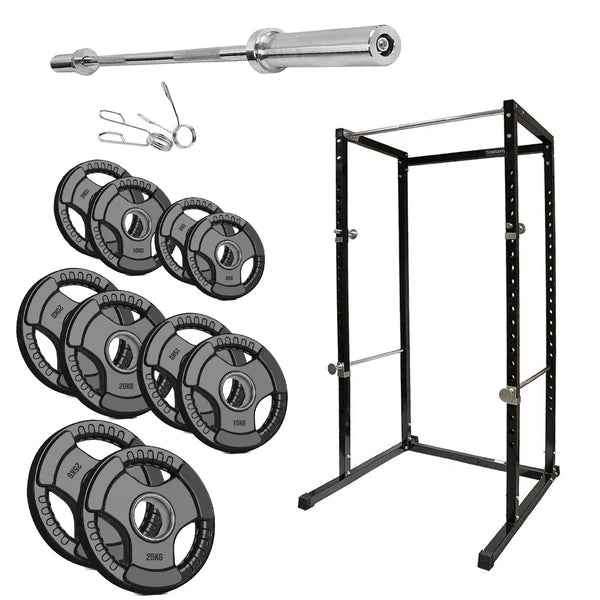 Weightlifting set with barbell, weight plates, and power rack on a white background