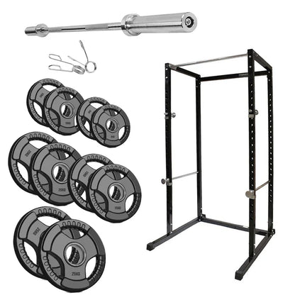Weightlifting set with barbell, weight plates, and power rack on a white background