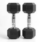 Pair of black hexagonal dumbbells with 50 kg markings on a white background