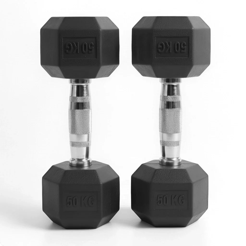 Pair of black hexagonal dumbbells with 50 kg markings on a white background